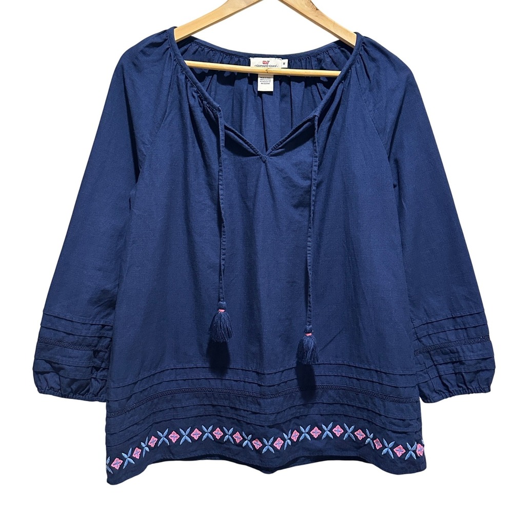 Vineyard Vines Embroidered Peasant Top Womens Medium Navy Cotton Resort Blouse